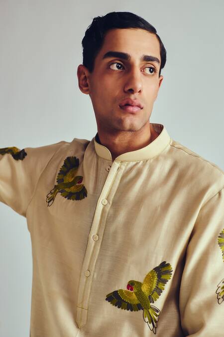 Shop_Wabi Sabi By Anshum-Ritesh_Beige Chanderi Embroidery Aari Kurta Set 