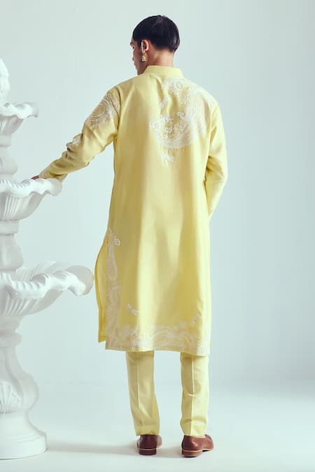 Shop_Wabi Sabi By Anshum-Ritesh_Yellow Chanderi Embroidery Kurta Set _at_Aza_Fashions