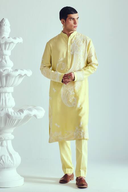 Buy_Wabi Sabi By Anshum-Ritesh_Yellow Chanderi Embroidery Kurta Set _Online_at_Aza_Fashions