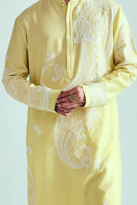 Shop_Wabi Sabi By Anshum-Ritesh_Yellow Chanderi Embroidery Kurta Set _Online_at_Aza_Fashions