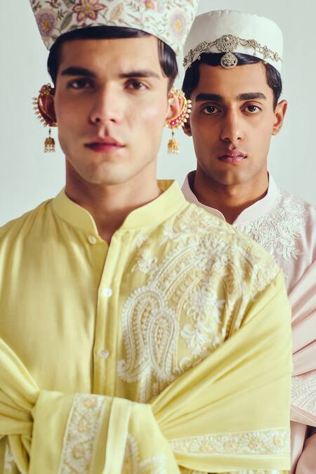 Wabi Sabi By Anshum-Ritesh_Yellow Chanderi Embroidery Kurta Set _at_Aza_Fashions