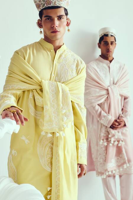 Shop_Wabi Sabi By Anshum-Ritesh_Yellow Chanderi Embroidery Kurta Set 