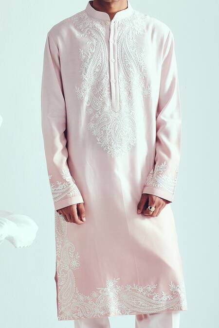 Wabi Sabi By Anshum-Ritesh_Pink Chanderi Embroidery Powder Kurta Set _Online_at_Aza_Fashions