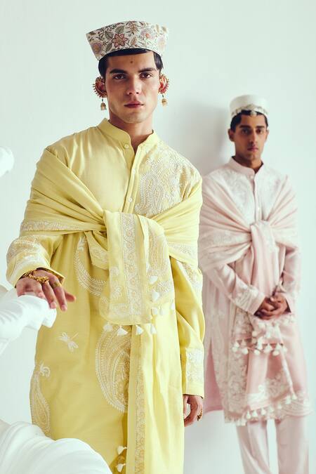 Buy_Wabi Sabi By Anshum-Ritesh_Pink Chanderi Embroidery Powder Kurta Set _Online_at_Aza_Fashions