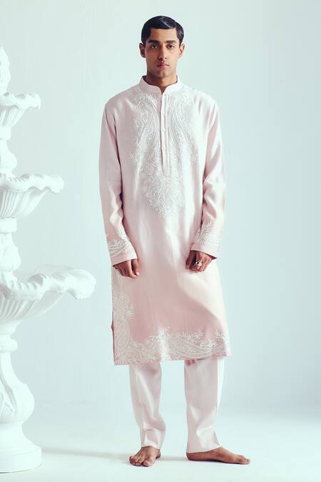 Shop_Wabi Sabi By Anshum-Ritesh_Pink Chanderi Embroidery Powder Kurta Set _Online_at_Aza_Fashions