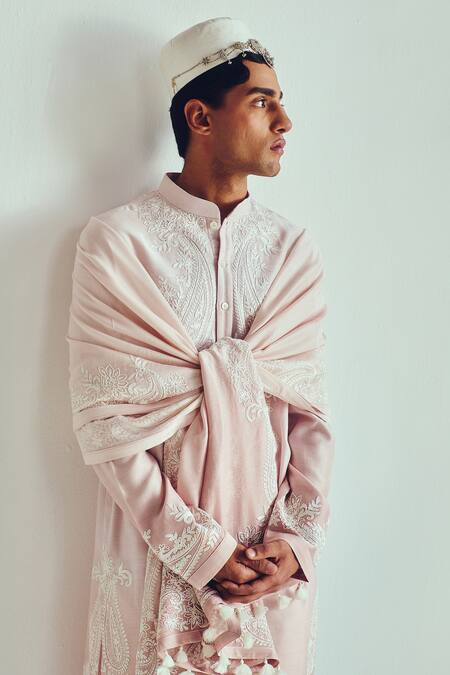 Wabi Sabi By Anshum-Ritesh_Pink Chanderi Embroidery Powder Kurta Set _at_Aza_Fashions