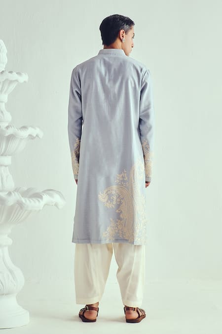 Shop_Wabi Sabi By Anshum-Ritesh_Blue Chanderi Embroidery Powder Kurta Set _at_Aza_Fashions
