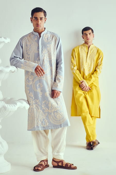 Buy_Wabi Sabi By Anshum-Ritesh_Blue Chanderi Embroidery Powder Kurta Set _Online_at_Aza_Fashions