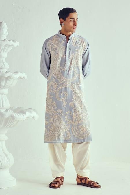 Shop_Wabi Sabi By Anshum-Ritesh_Blue Chanderi Embroidery Powder Kurta Set _Online_at_Aza_Fashions