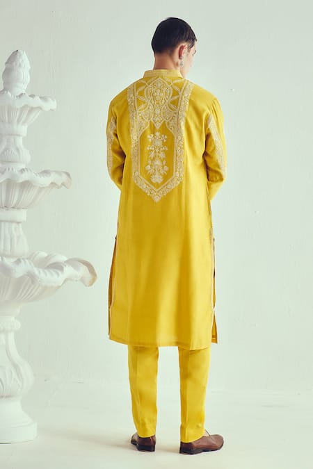 Shop_Wabi Sabi By Anshum-Ritesh_Mustard Chanderi Embroidery Yellow Kurta Set _at_Aza_Fashions