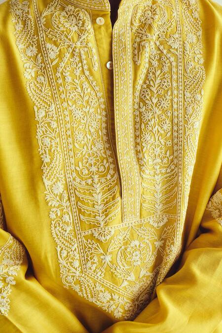 Buy_Wabi Sabi By Anshum-Ritesh_Mustard Chanderi Embroidery Yellow Kurta Set _Online_at_Aza_Fashions