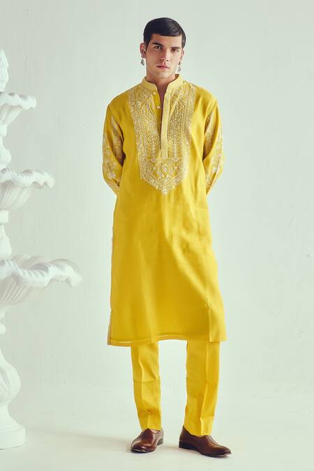 Shop_Wabi Sabi By Anshum-Ritesh_Mustard Chanderi Embroidery Yellow Kurta Set _Online_at_Aza_Fashions