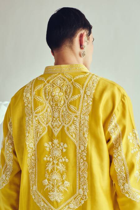 Buy_Wabi Sabi By Anshum-Ritesh_Mustard Chanderi Embroidery Yellow Kurta Set 
