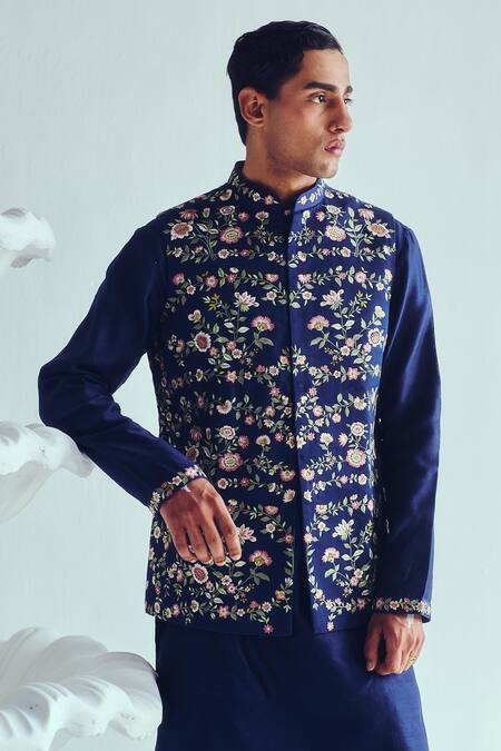 Buy Wabi Sabi By Anshum-Ritesh Navy Chanderi Embroidery Indigo Kurta Set With Bundi Online at Aza Fashions Buy_Wabi Sabi By Anshum-Ritesh_Navy Chanderi Embroidery Indigo Kurta Set With Bundi _Online_at_Aza_Fashions