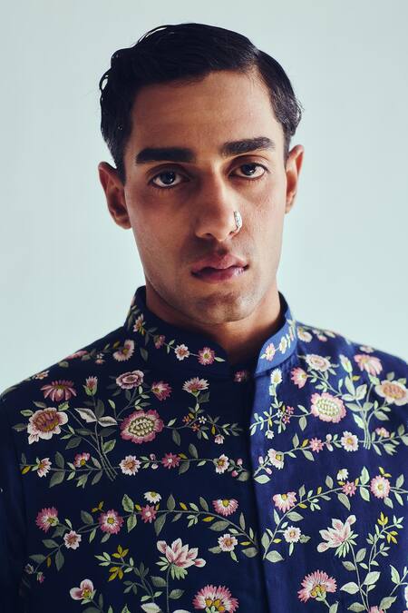 Wabi Sabi By Anshum-Ritesh Navy Chanderi Embroidery Indigo Kurta Set With Bundi at Aza Fashions Wabi Sabi By Anshum-Ritesh_Navy Chanderi Embroidery Indigo Kurta Set With Bundi _at_Aza_Fashions