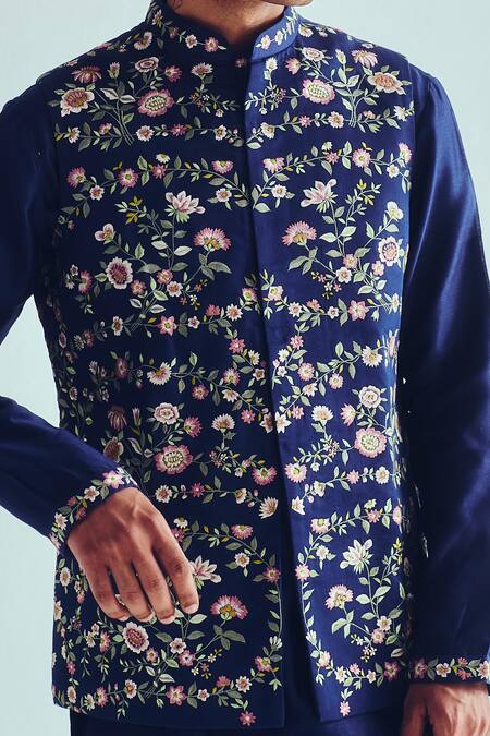 Buy Wabi Sabi By Anshum-Ritesh Navy Chanderi Embroidery Indigo Kurta Set With Bundi Buy_Wabi Sabi By Anshum-Ritesh_Navy Chanderi Embroidery Indigo Kurta Set With Bundi