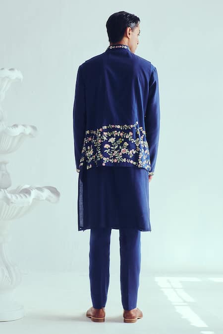 Shop Wabi Sabi By Anshum-Ritesh Navy Chanderi Embroidery Indigo Kurta Set With Bundi at Aza Fashions Shop_Wabi Sabi By Anshum-Ritesh_Navy Chanderi Embroidery Indigo Kurta Set With Bundi _at_Aza_Fashions