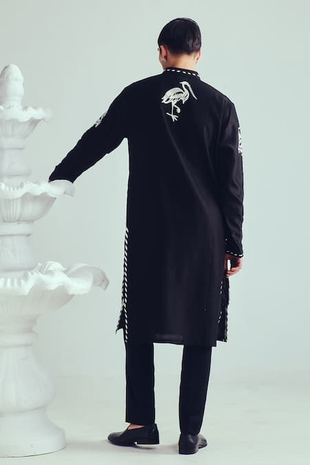 Shop_Wabi Sabi By Anshum-Ritesh_Black Chanderi Embroidery Aari Kurta Set _at_Aza_Fashions