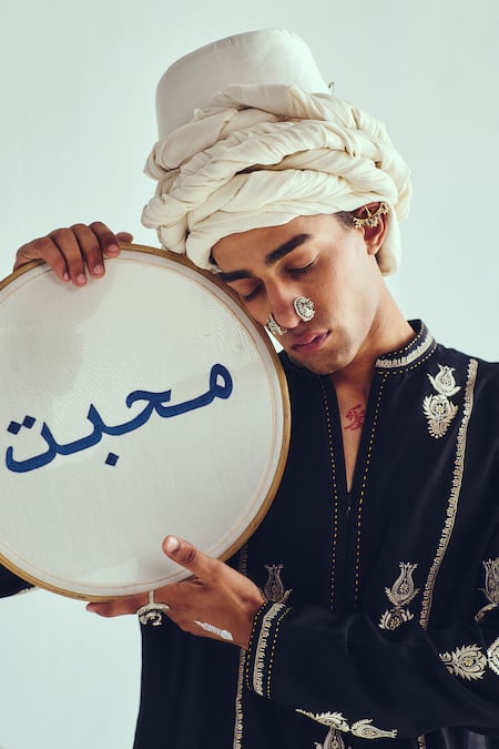 Shop_Wabi Sabi By Anshum-Ritesh_Black Chanderi Embroidery, Zari Kurta Set _Online_at_Aza_Fashions