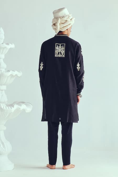 Shop_Wabi Sabi By Anshum-Ritesh_Black Chanderi Embroidery, Zari Kurta Set _at_Aza_Fashions