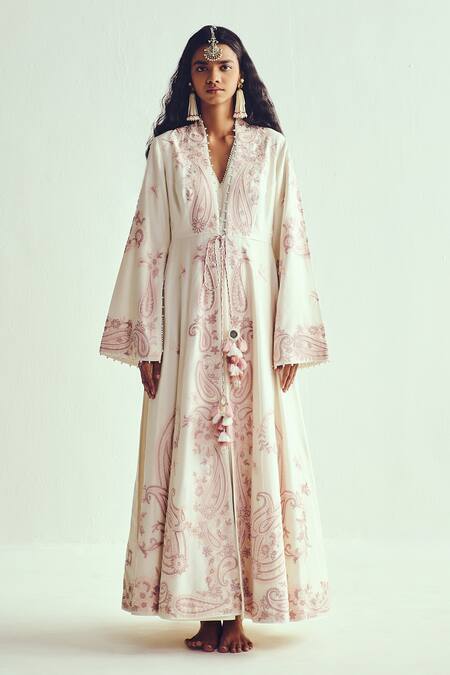 Wabi Sabi By Anshum-Ritesh_Ivory Chanderi Pearls Round Neck, Aari Embroidered Anarkali Set _Online_at_Aza_Fashions