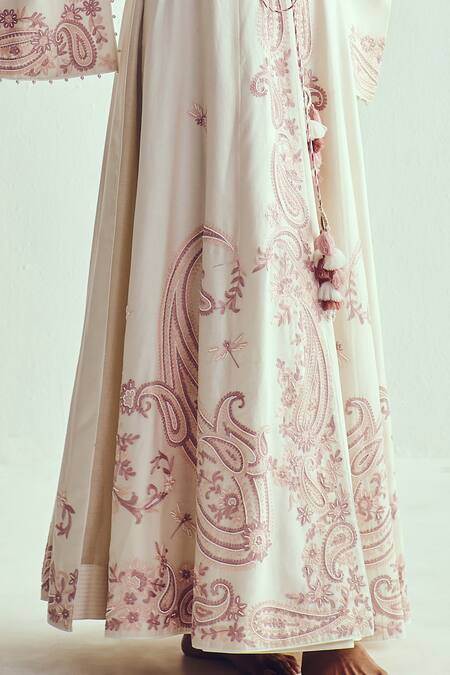 Buy_Wabi Sabi By Anshum-Ritesh_Ivory Chanderi Pearls Round Neck, Aari Embroidered Anarkali Set _Online_at_Aza_Fashions