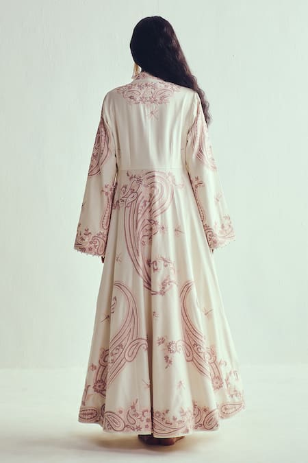 Shop_Wabi Sabi By Anshum-Ritesh_Ivory Chanderi Pearls Round Neck, Aari Embroidered Anarkali Set _at_Aza_Fashions