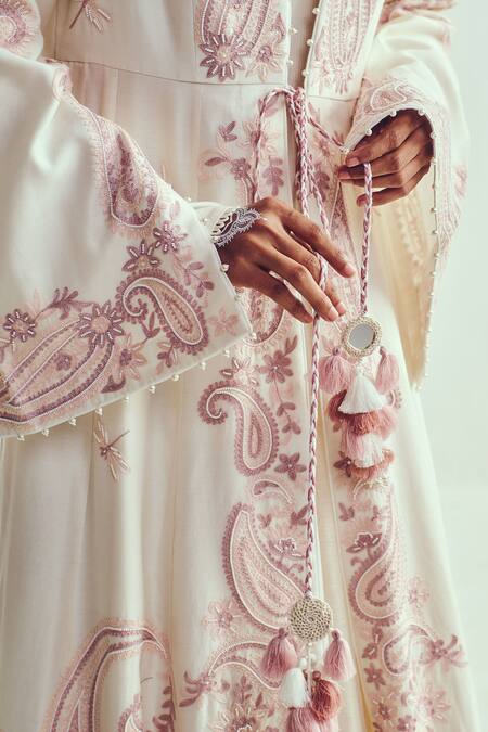 Shop_Wabi Sabi By Anshum-Ritesh_Ivory Chanderi Pearls Round Neck, Aari Embroidered Anarkali Set _Online_at_Aza_Fashions