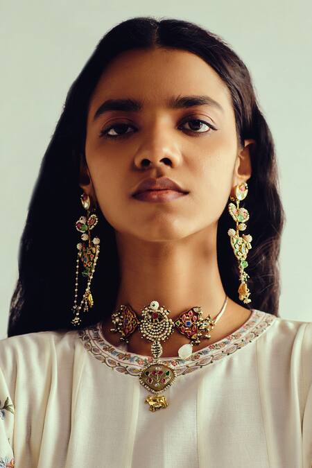 Wabi Sabi By Anshum-Ritesh_Ivory Chanderi Tassels, Embroidery Round Neck Anarkali Set _Online_at_Aza_Fashions