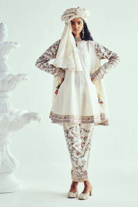 Buy_Wabi Sabi By Anshum-Ritesh_Ivory Chanderi Tassels, Embroidery Round Neck Anarkali Set _Online_at_Aza_Fashions