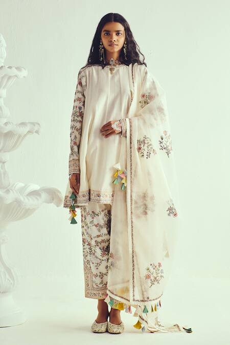 Shop_Wabi Sabi By Anshum-Ritesh_Ivory Chanderi Tassels, Embroidery Round Neck Anarkali Set _Online_at_Aza_Fashions