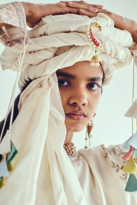 Wabi Sabi By Anshum-Ritesh_Ivory Chanderi Tassels, Embroidery Round Neck Anarkali Set _at_Aza_Fashions