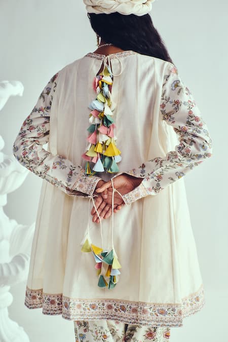 Shop_Wabi Sabi By Anshum-Ritesh_Ivory Chanderi Tassels, Embroidery Round Neck Anarkali Set _at_Aza_Fashions