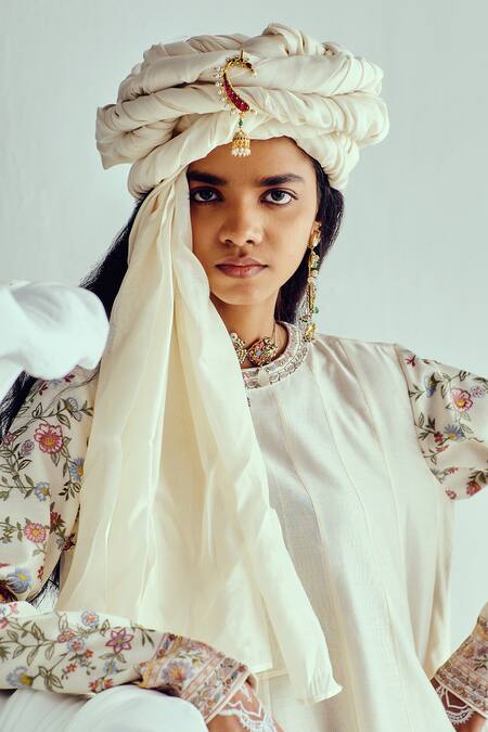 Shop_Wabi Sabi By Anshum-Ritesh_Ivory Chanderi Tassels, Embroidery Round Neck Anarkali Set 