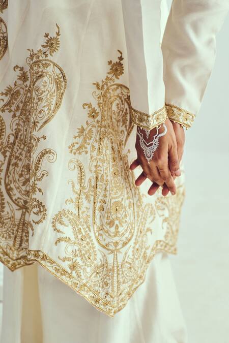 Shop_Wabi Sabi By Anshum-Ritesh_Ivory Chanderi Sequins, Beads V-neck Anarkali Set With Embroidery _Online_at_Aza_Fashions