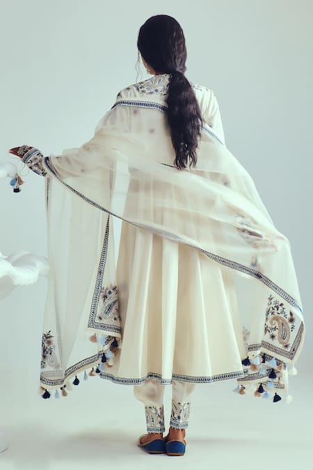 Shop_Wabi Sabi By Anshum-Ritesh_Ivory Chanderi Sequins, Beads V-neck Angrakha Anarkali Set _Online_at_Aza_Fashions