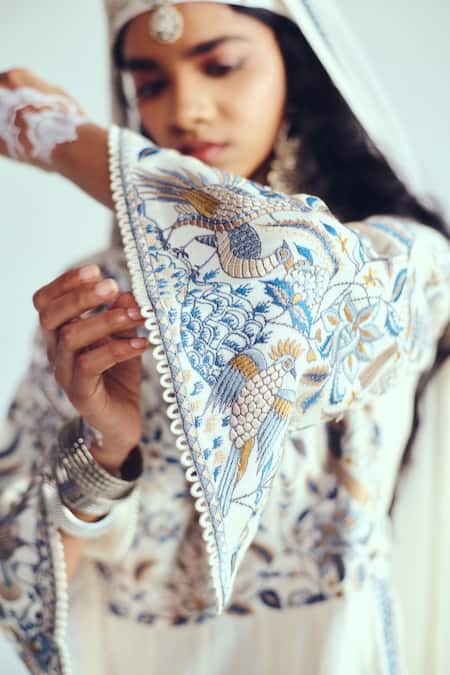 Shop_Wabi Sabi By Anshum-Ritesh_Ivory Chanderi Sequins, Beads, Embroidery V-neck Anarkali Set 