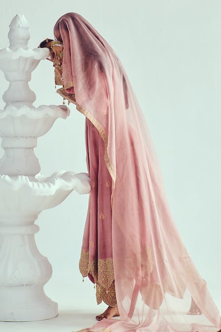 Wabi Sabi By Anshum-Ritesh_Pink Chanderi Sequins, Beads V-neck Woven Anarkali Set With Dupatta _Online_at_Aza_Fashions