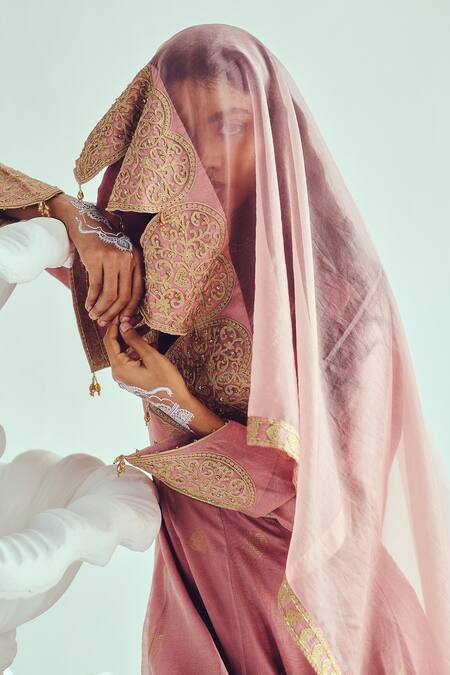 Buy_Wabi Sabi By Anshum-Ritesh_Pink Chanderi Sequins, Beads V-neck Woven Anarkali Set With Dupatta _Online_at_Aza_Fashions