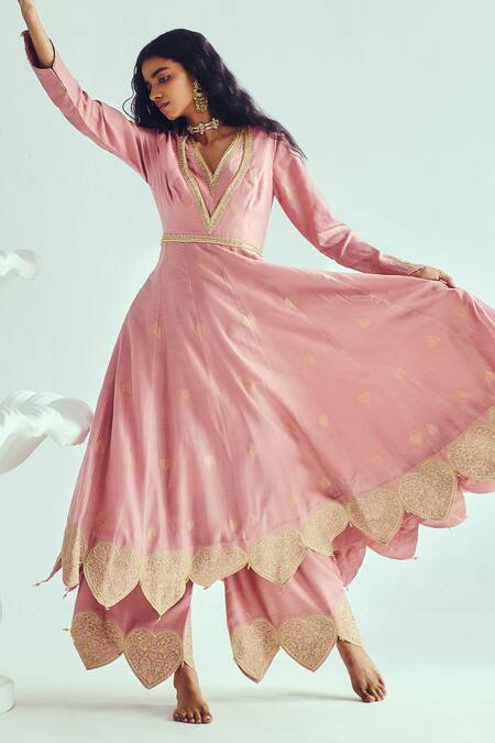 Shop_Wabi Sabi By Anshum-Ritesh_Pink Chanderi Sequins, Beads V-neck Woven Anarkali Set With Dupatta _Online_at_Aza_Fashions