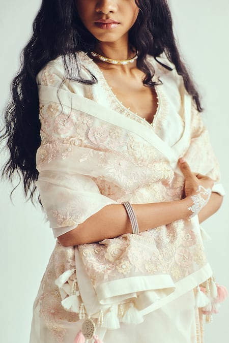 Shop_Wabi Sabi By Anshum-Ritesh_Ivory Organza, Silk Pearls, Embroidery V-neck Saree With Stitched Blouse _Online_at_Aza_Fashions