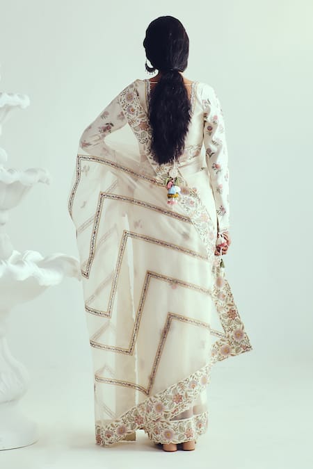 Wabi Sabi By Anshum-Ritesh Ivory Organza Saree with Stitched Blouse 