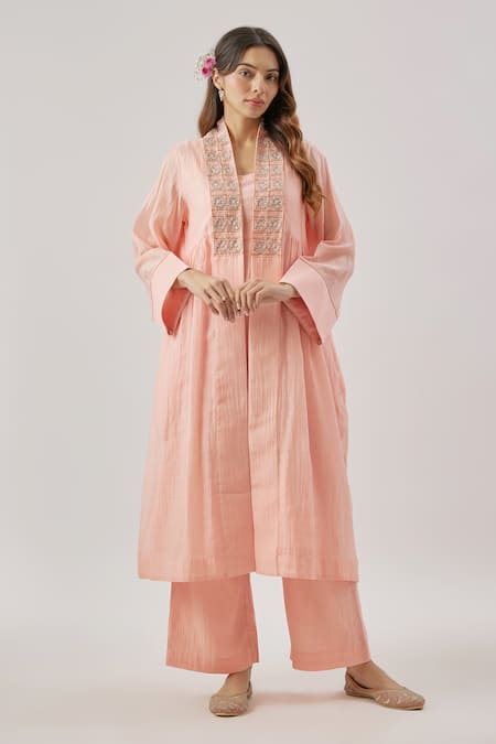 Shop Cupid Cotton Rose Gold Chanderi Silk, Organza Embroidery Round , Open Pink Kurta Set at Aza Fashions Shop_Cupid Cotton_Rose Gold Chanderi Silk, Organza Embroidery Round , Open Pink Kurta Set _at_Aza_Fashions