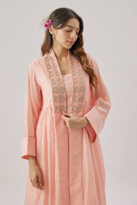 Shop Cupid Cotton Rose Gold Chanderi Silk, Organza Embroidery Round , Open Pink Kurta Set Online at Aza Fashions Shop_Cupid Cotton_Rose Gold Chanderi Silk, Organza Embroidery Round , Open Pink Kurta Set _Online_at_Aza_Fashions