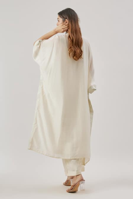 Shop Cupid Cotton Ivory Silk, Cotton Beads Round Neck Embroidered Kaftan Set at Aza Fashions Shop_Cupid Cotton_Ivory Silk, Cotton Beads Round Neck Embroidered Kaftan Set _at_Aza_Fashions