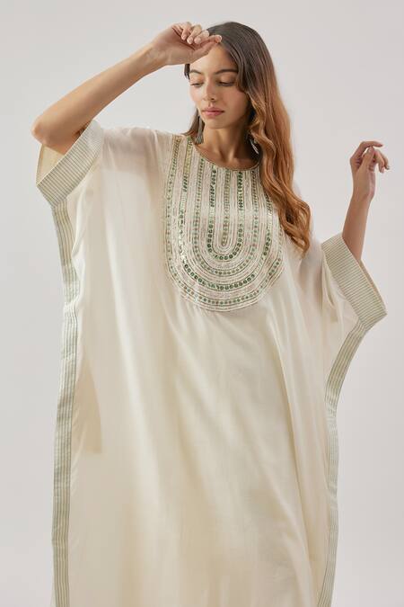 Shop Cupid Cotton Ivory Silk, Cotton Beads Round Neck Embroidered Kaftan Set Online at Aza Fashions Shop_Cupid Cotton_Ivory Silk, Cotton Beads Round Neck Embroidered Kaftan Set _Online_at_Aza_Fashions