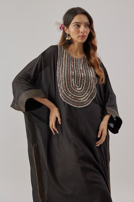Cupid Cotton Black Silk, Cotton Embroidery Round Neck Kaftan Set Online at Aza Fashions Cupid Cotton_Black Silk, Cotton Embroidery Round Neck Kaftan Set _Online_at_Aza_Fashions