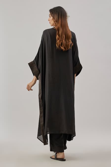 Shop Cupid Cotton Black Silk, Cotton Embroidery Round Neck Kaftan Set at Aza Fashions Shop_Cupid Cotton_Black Silk, Cotton Embroidery Round Neck Kaftan Set _at_Aza_Fashions