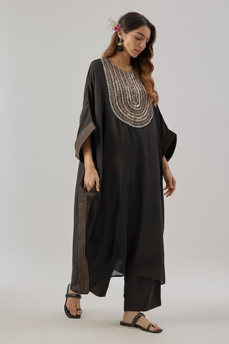 Shop Cupid Cotton Black Silk, Cotton Embroidery Round Neck Kaftan Set Online at Aza Fashions Shop_Cupid Cotton_Black Silk, Cotton Embroidery Round Neck Kaftan Set _Online_at_Aza_Fashions