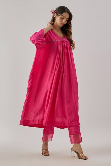 Buy Cupid Cotton Pink Silk, Cotton V-neck Straight Kurta Set Online at Aza Fashions Buy_Cupid Cotton_Pink Silk, Cotton V-neck Straight Kurta Set _Online_at_Aza_Fashions